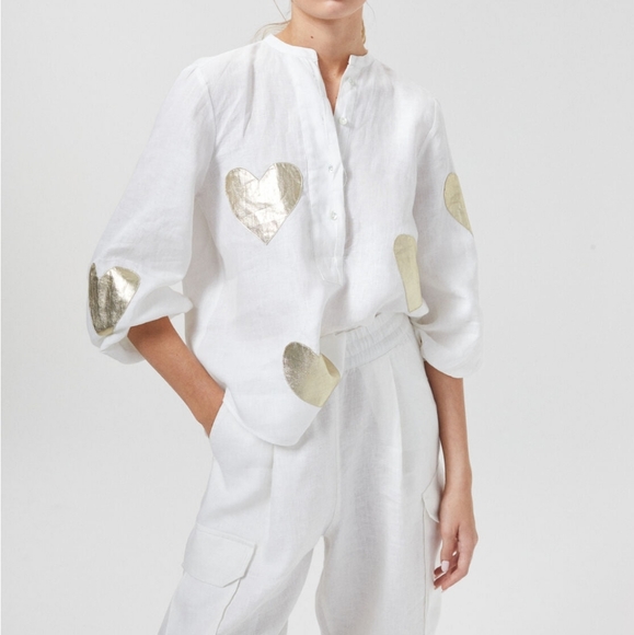 Cupid Linen Shirt - Off-White w/ Gold Hearts - Picture 4 of 5